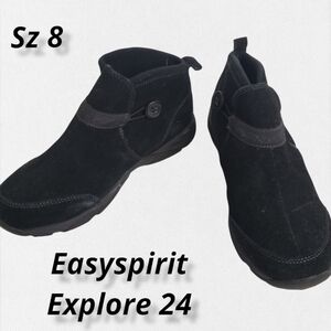 Easy Spirit Explore 24 Black Leather Suede Walking Booties 8 EUC
